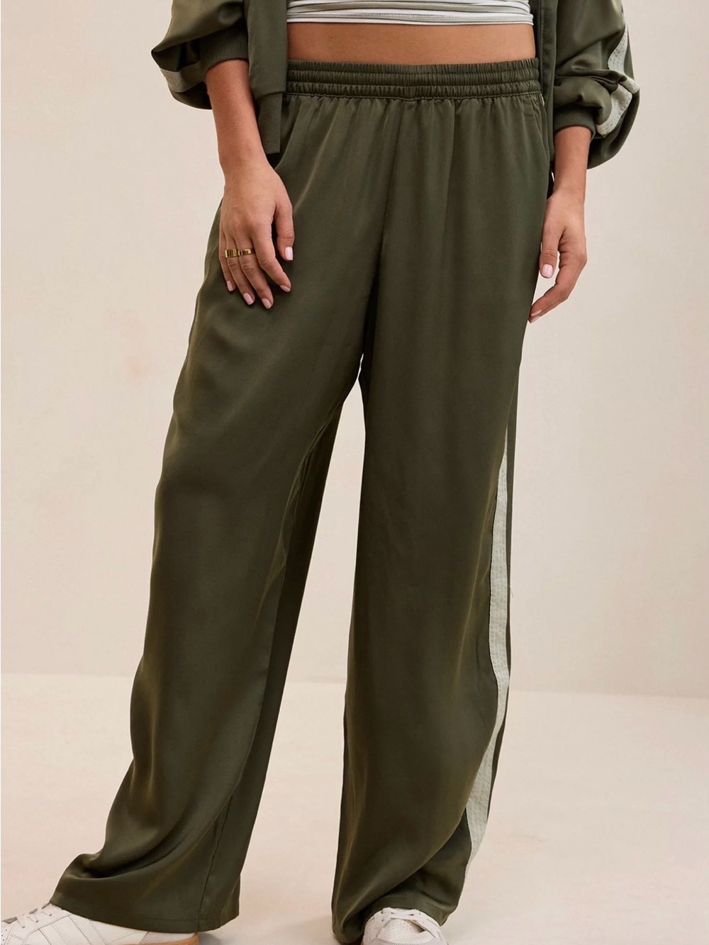 aerie Olive Wide-Leg liquid satin Pants with Light Side Stripe - Picture 3 of 6